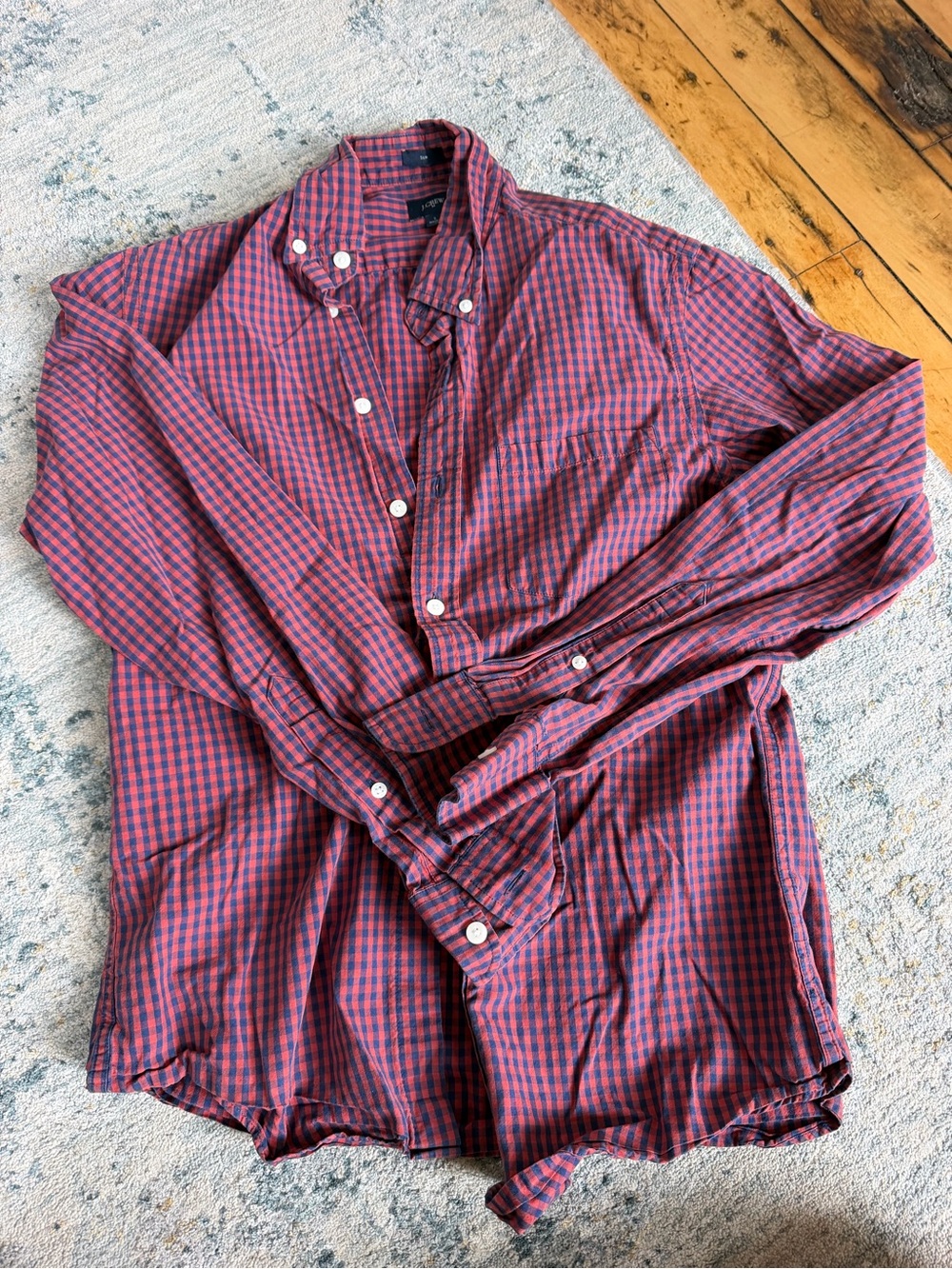 J. Crew Men's Red and Navy Check Button-Down Shirt